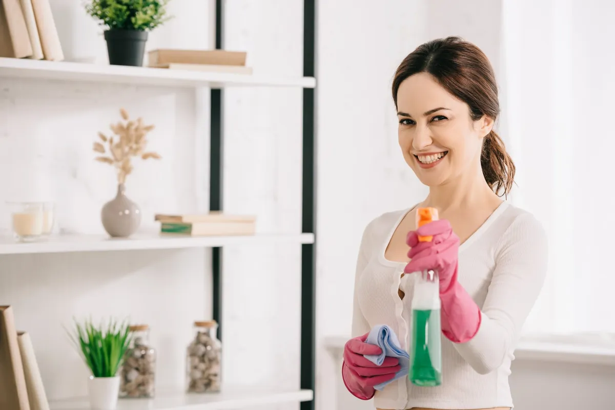 Femme souriante nettoyant avec spray et chiffon.