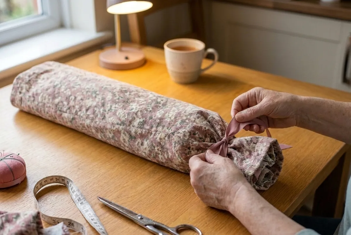 Boudin de porte sans couture : un bout de la jambe de pantalon fleurie serré par un ruban noué deux fois, comme une papillote
