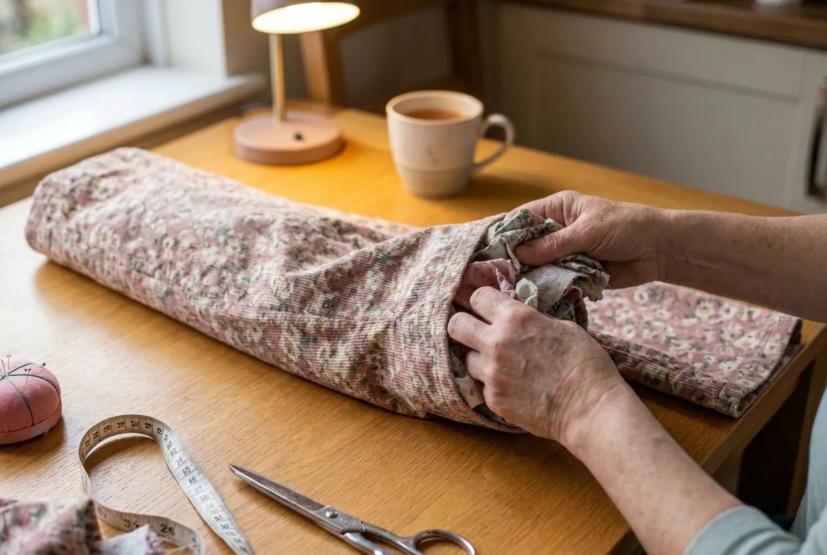 Boudin de porte fait maison : deux mains remplissent de chutes de tissu une jambe de pantalon en velours fleuri coupée à l'entrejambe