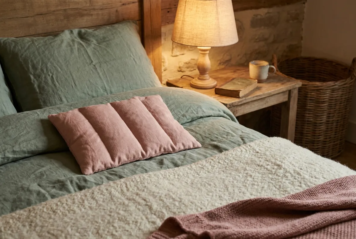 Bouillotte sèche en lin rose aux noyaux de cerises posée sur des draps en lin vert sauge, couverture de laine crème et lampe de chevet allumée