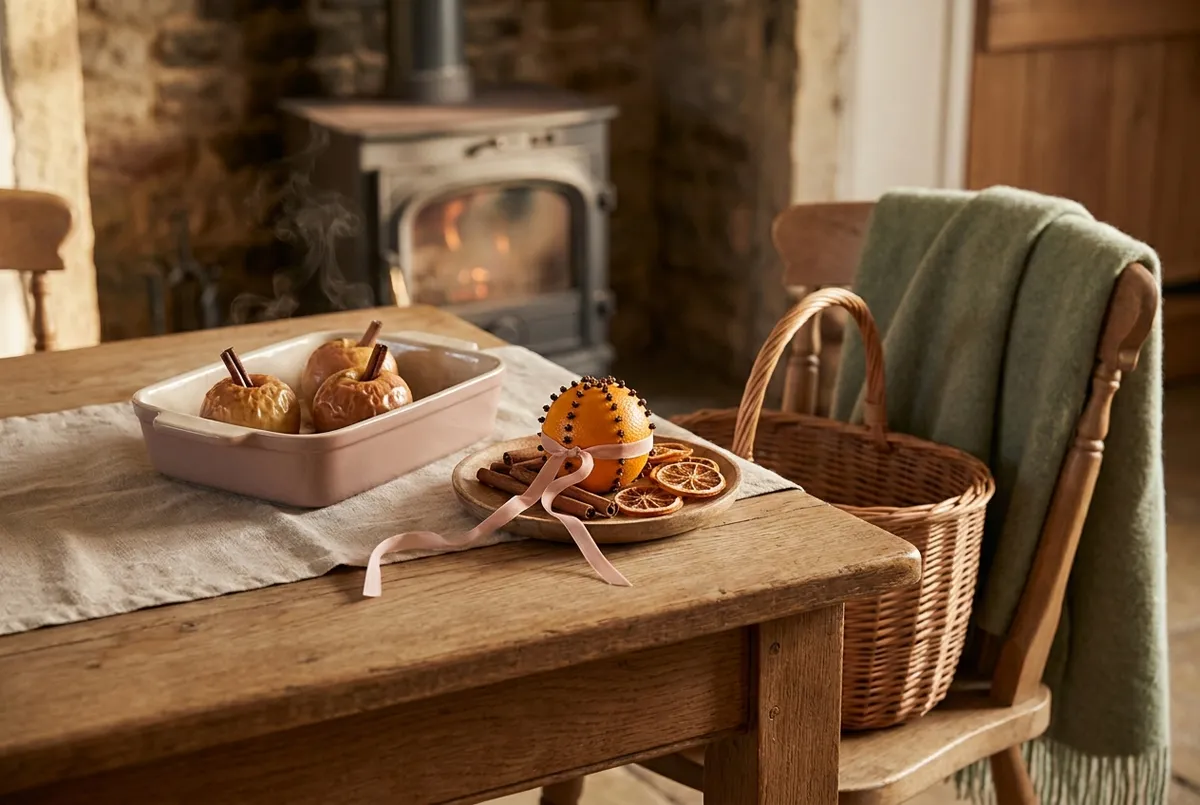 Pommes cuites au four avec des bâtons de cannelle et orange piquée de clous de girofle nouée d'un ruban rose, sur une table de ferme en chêne près d'un poêle à bois