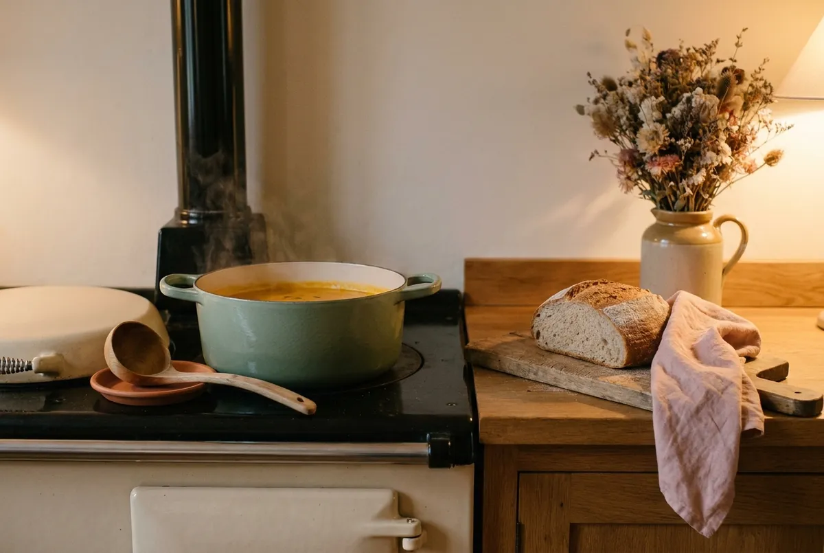Soupe de potimarron qui mijote dans une cocotte vert sauge sur une cuisinière à bois, pain de campagne et torchon de lin rose sur le plan de travail en chêne