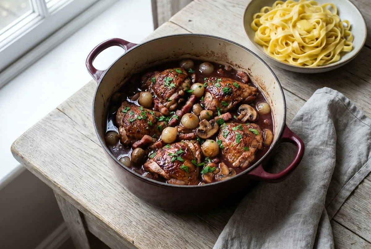 Coq au vin, la recette de grand-mère au vin rouge