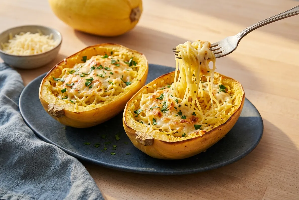 Courge spaghetti au four, gratinée au fromage
