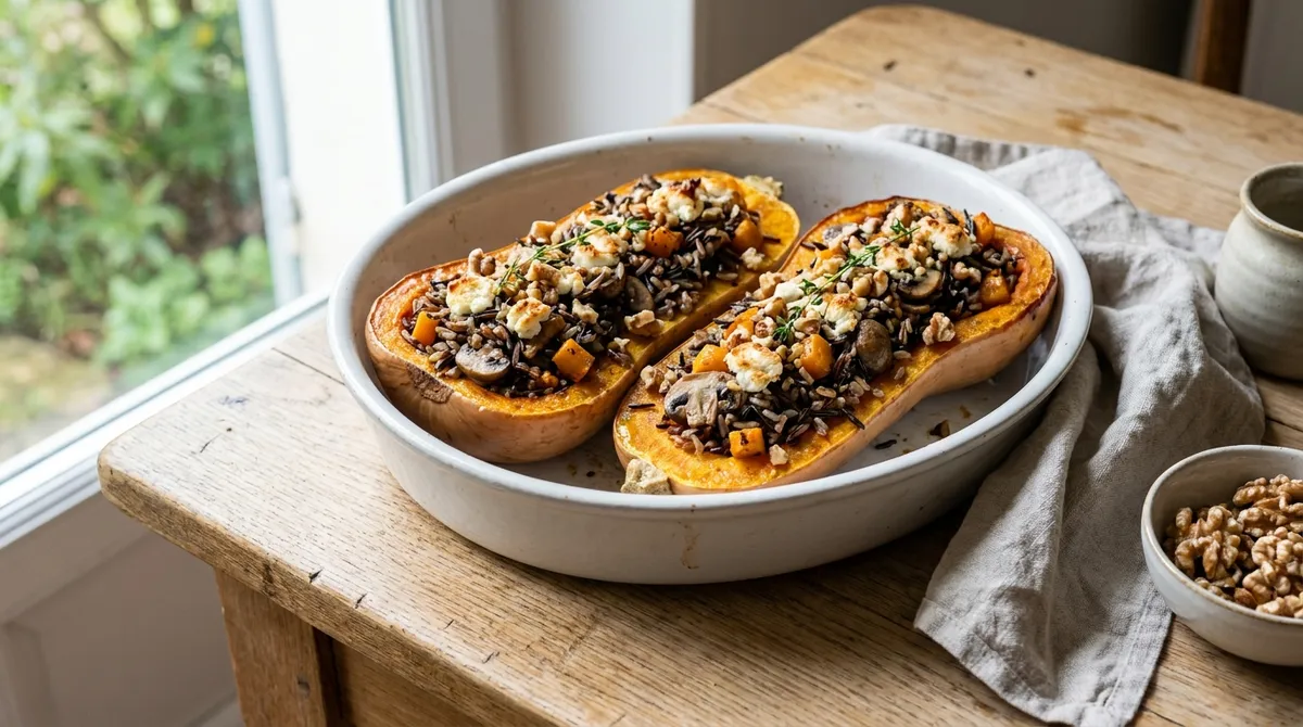 Butternut farcie au riz sauvage, champignons et chèvre