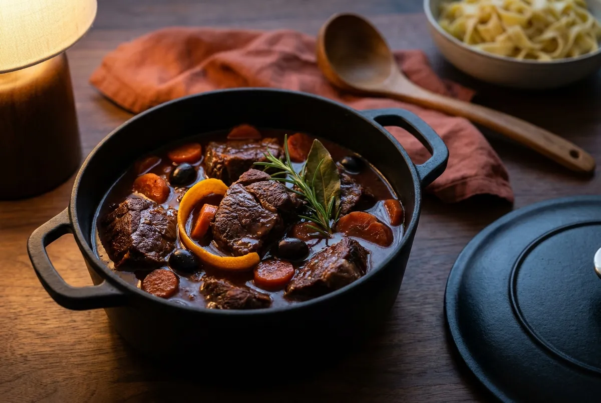 Daube de bœuf provençale, mijotée au vin rouge