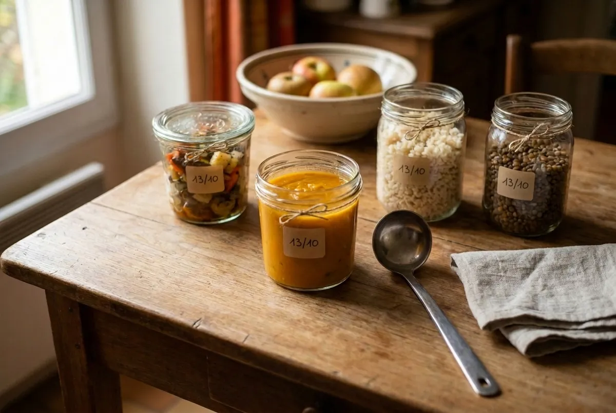 Quatre bocaux de restes sur une table en bois, soupe, riz, légumes rôtis et lentilles, chacun étiqueté à la main avec sa date