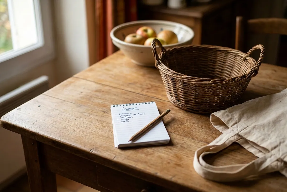 Un carnet ouvert sur une table de cuisine en bois, avec une liste de courses écrite à la main, un crayon, un panier en osier vide et un cabas en coton