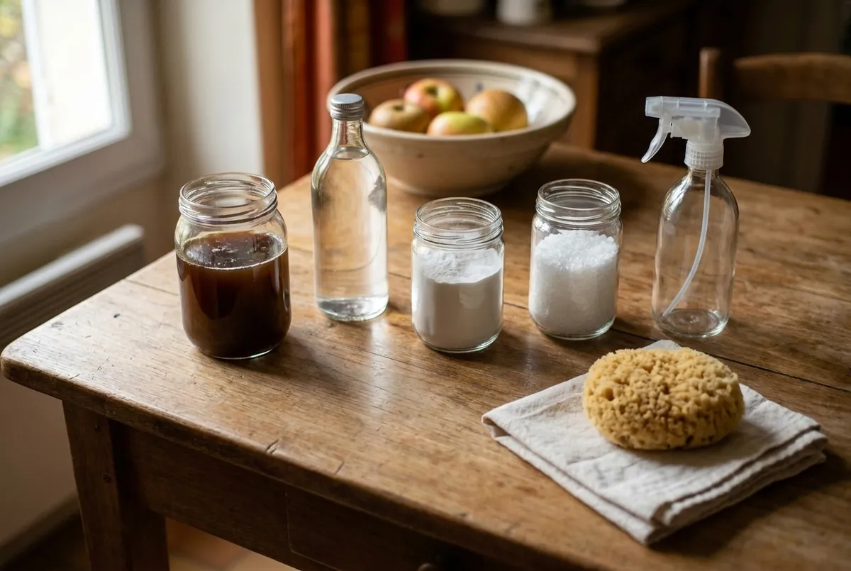 Savon noir, vinaigre blanc, bicarbonate et cristaux de soude dans des bocaux sans étiquette, avec un vaporisateur et une éponge naturelle