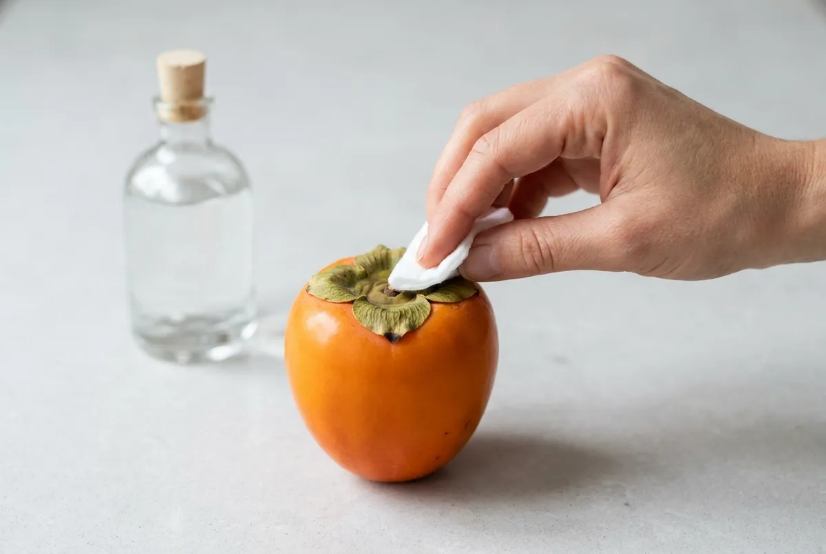 Une main tamponne la collerette verte d'un kaki ferme avec un coton imbibé d'eau-de-vie, près d'un petit flacon bouché d'un liège