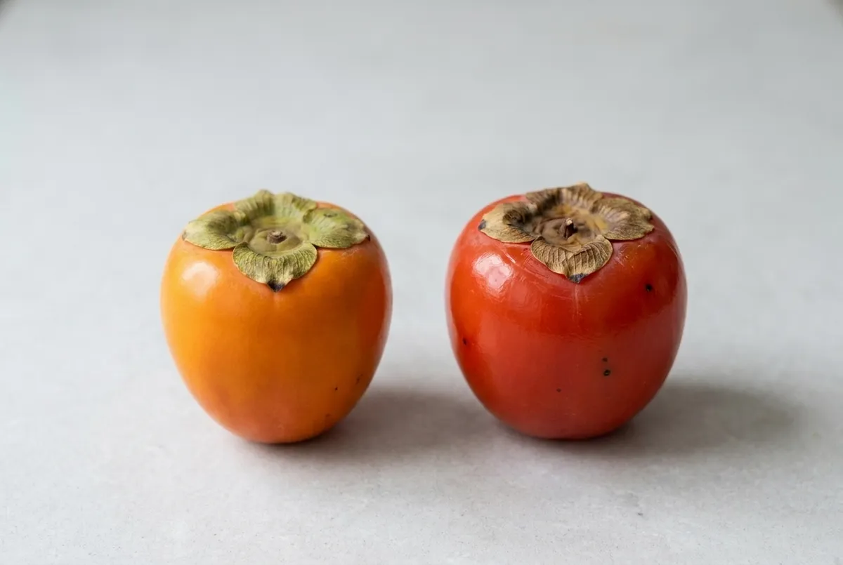 Deux kakis de la même variété côte à côte : à gauche un kaki ferme, orange et mat, encore âpre ; à droite le même kaki devenu blet, plus rouge, à la peau fine et luisante, prêt à manger à la cuillère
