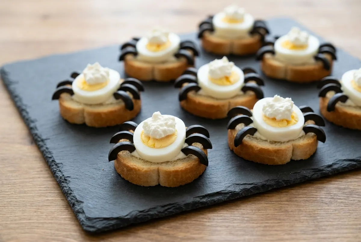 Toasts d'apéritif garnis d'un demi-œuf dur et de huit lamelles d'olive noire piquées autour comme des pattes d'araignée.