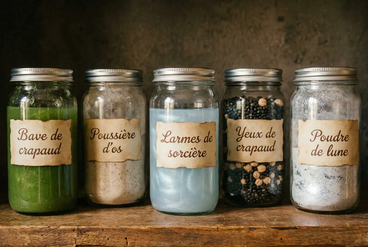 Cinq bocaux de récupération étiquetés à la main, remplis de liquides colorés, de graines et de lentilles.