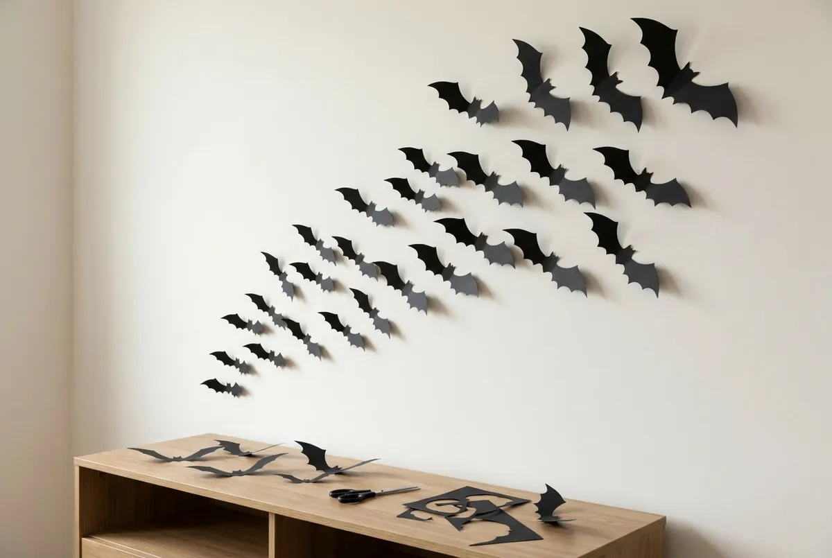 Chauves-souris découpées dans du papier noir, collées en diagonale sur un mur clair, de la plus petite à la plus grande.