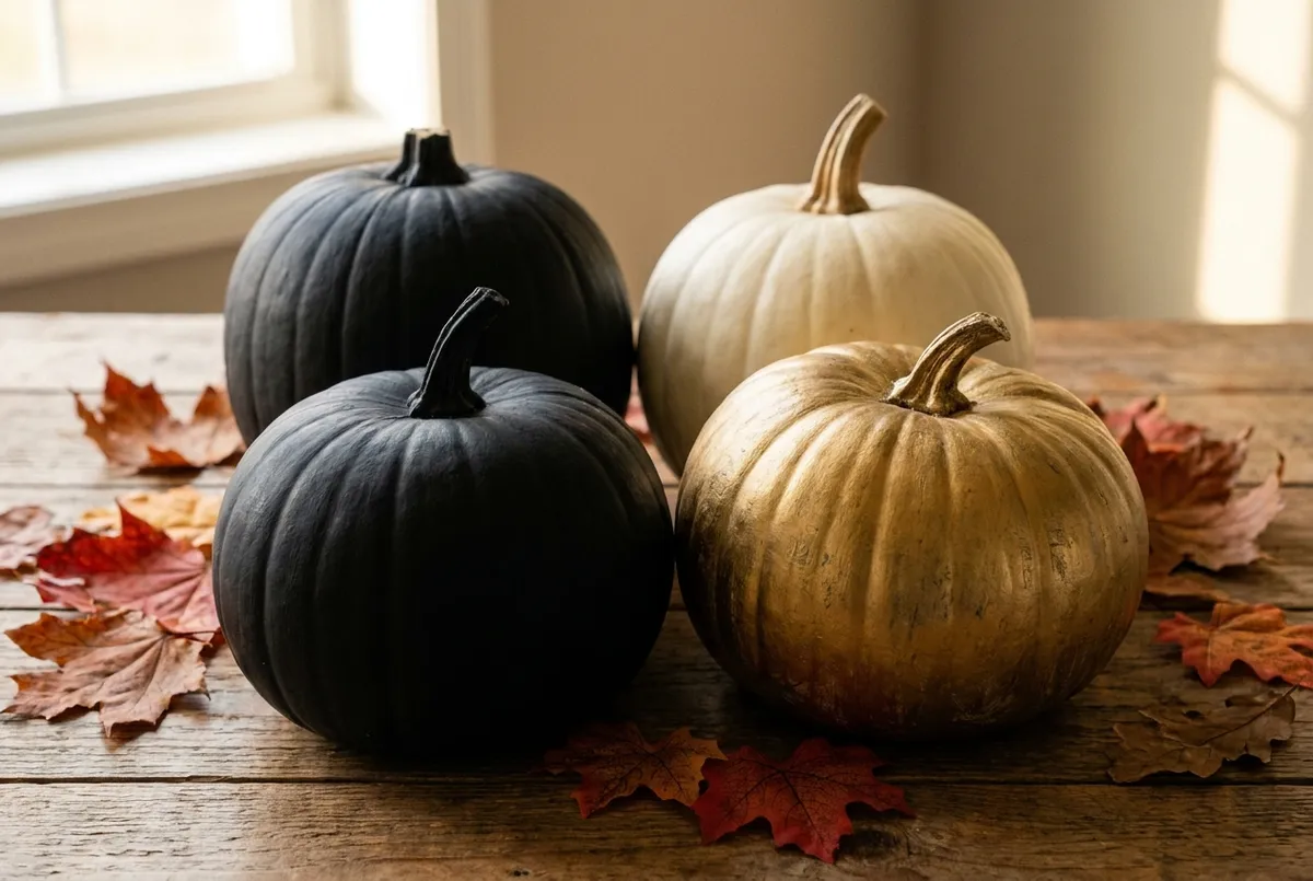 Quatre citrouilles entières peintes à la main en noir mat, blanc et doré, posées sur une table en bois.