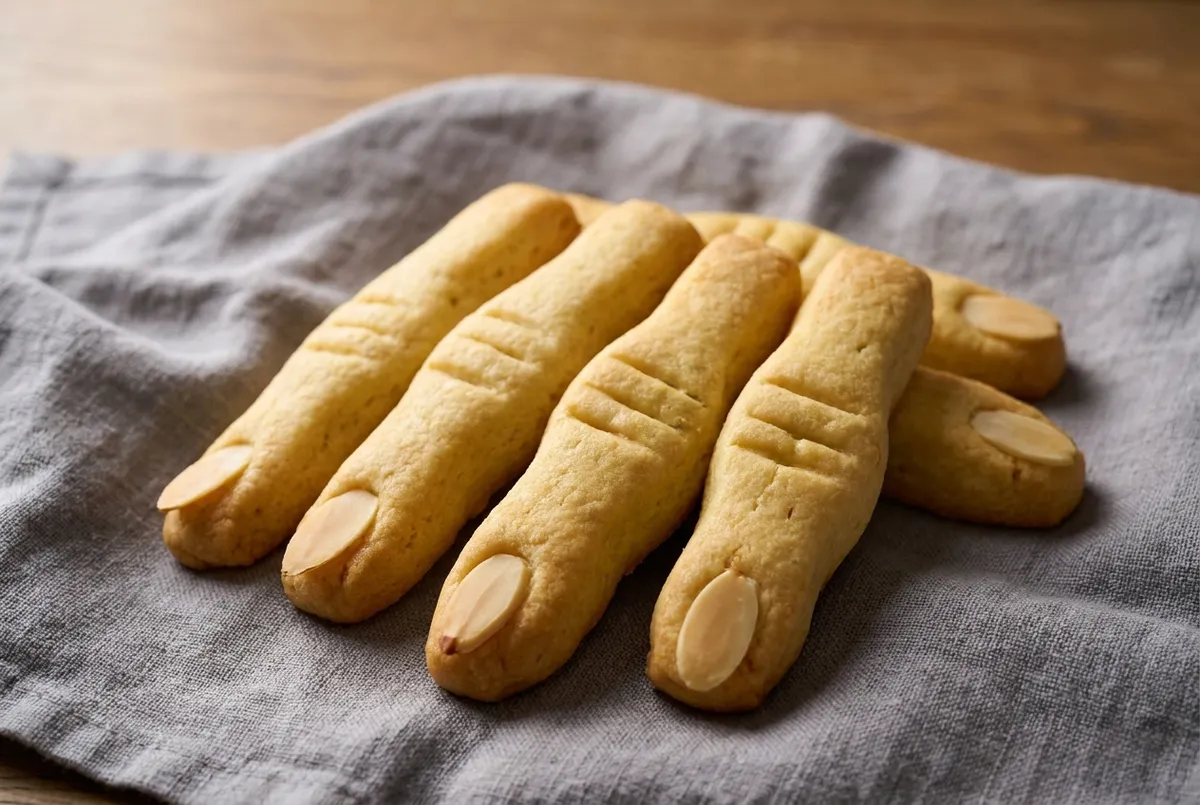 Sablés salés en forme de doigts, avec une amande effilée au bout en guise d'ongle et trois traits pour la phalange.