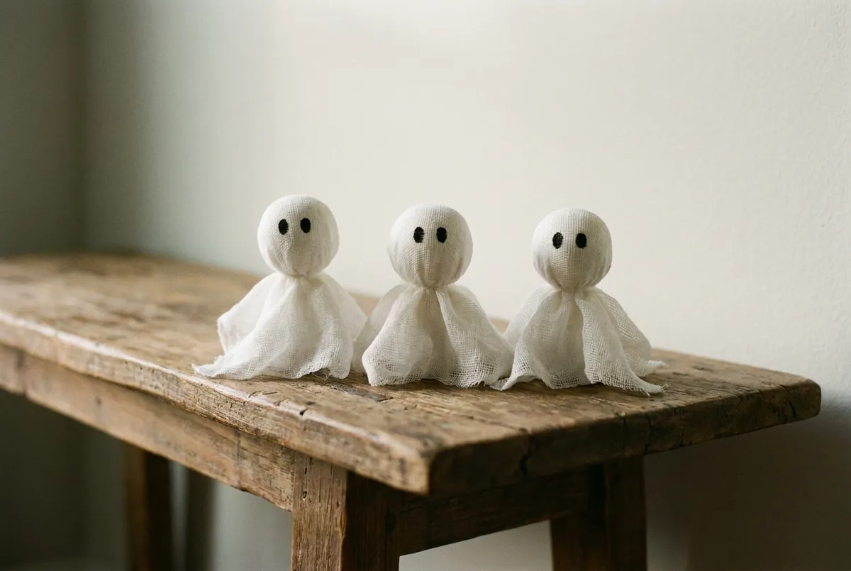 Trois petits fantômes en gaze blanche durcie, posés sur une console, avec deux points noirs pour les yeux.