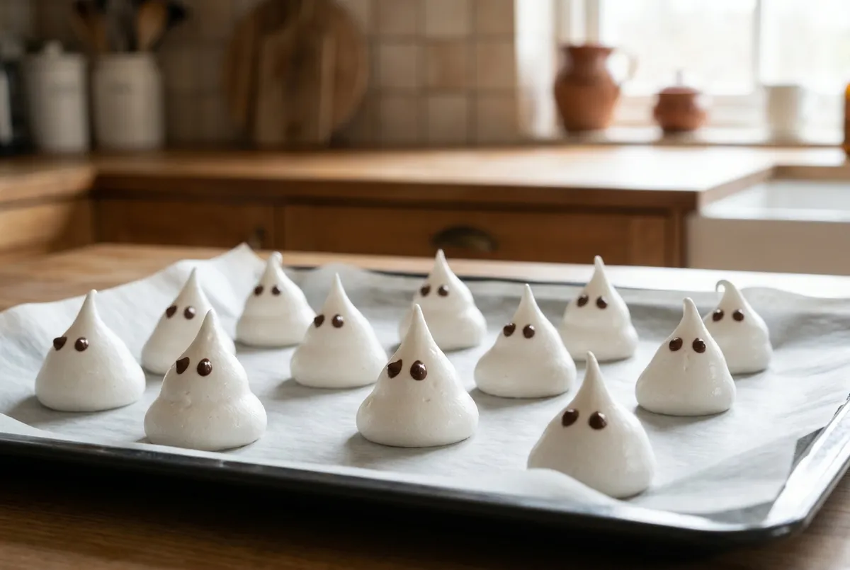 Petites meringues blanches pointues en forme de fantômes, avec deux points de chocolat pour les yeux.