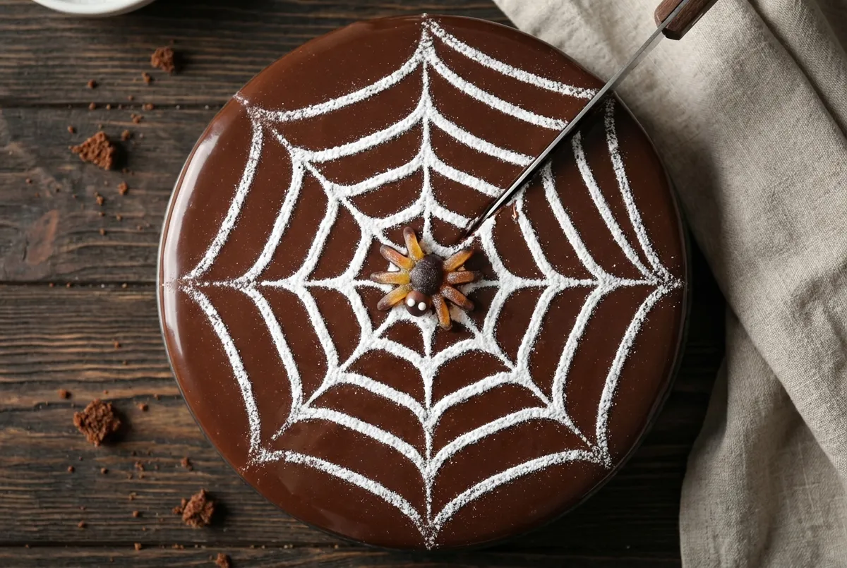 Gâteau au chocolat glacé, avec une toile d'araignée tracée au sucre glace blanc depuis le centre.