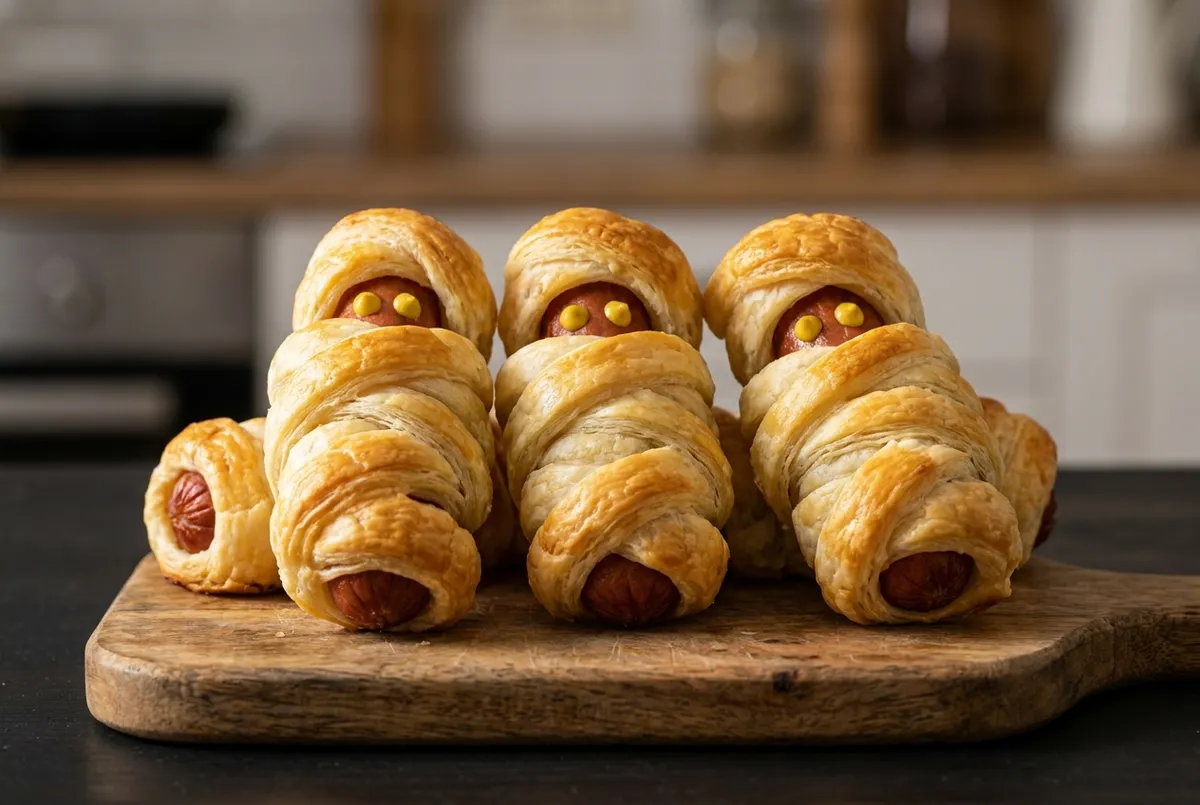 Saucisses enroulées de bandes de pâte feuilletée dorée, avec deux points de moutarde pour les yeux, posées sur une planche en bois.