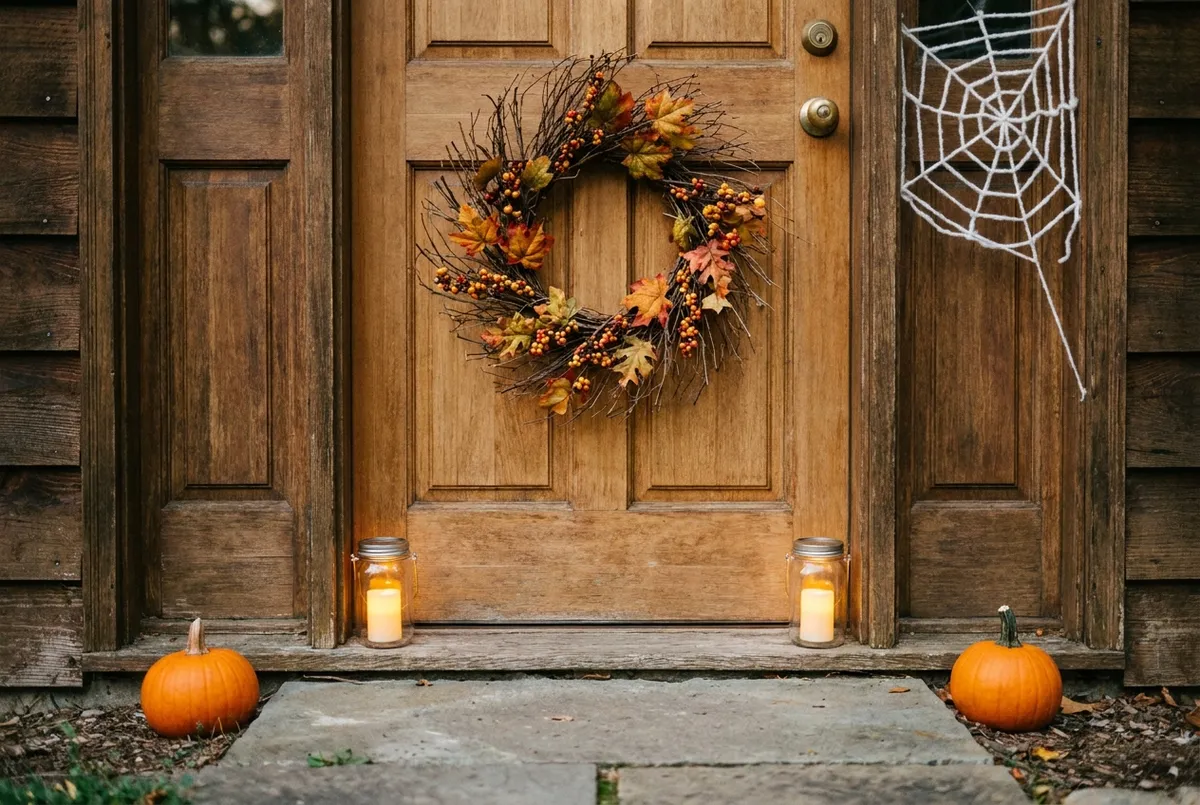 Porte d'entrée décorée d'une couronne de branchages, avec deux petites citrouilles et des photophores posés au sol.