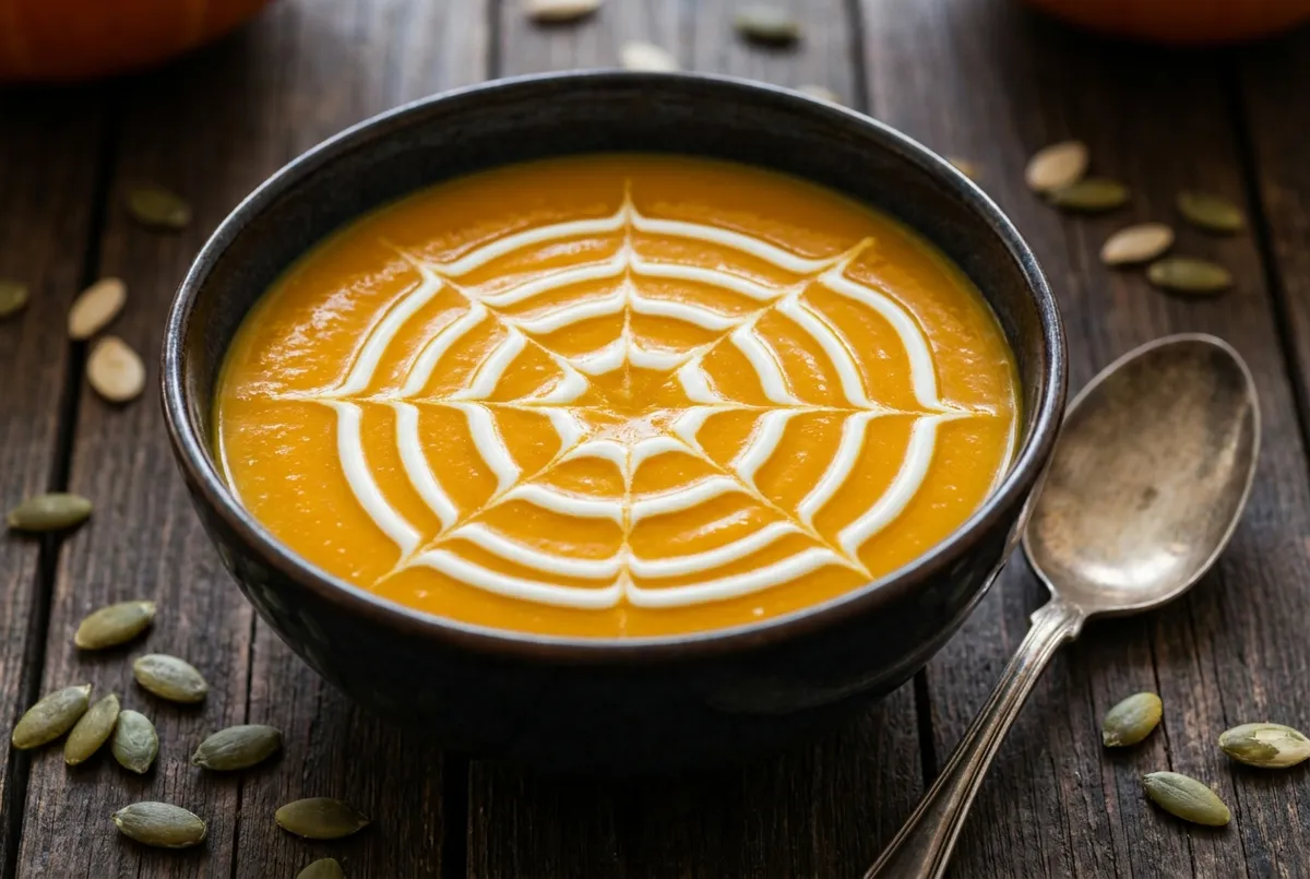 Bol de velouté de potiron orange avec une toile d'araignée dessinée à la crème fraîche en surface.