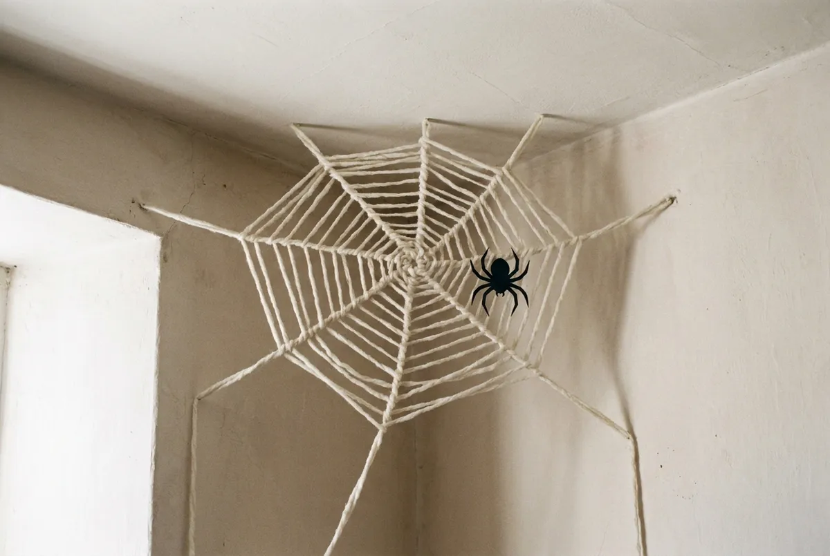 Toile d'araignée tendue en laine blanche dans un angle de mur et de plafond, avec une araignée en papier noir.