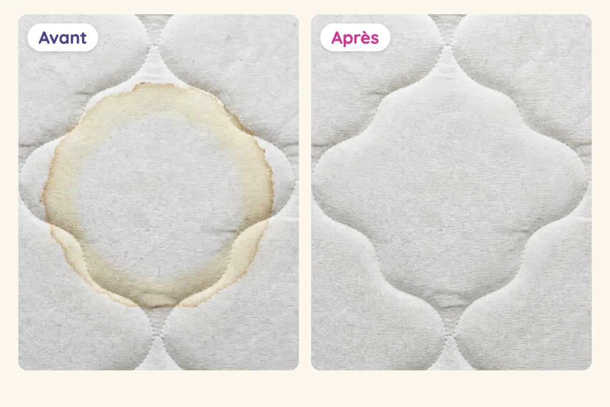 Avant et après : une auréole jaune sur la toile blanche d'un matelas matelassé, puis la même toile propre