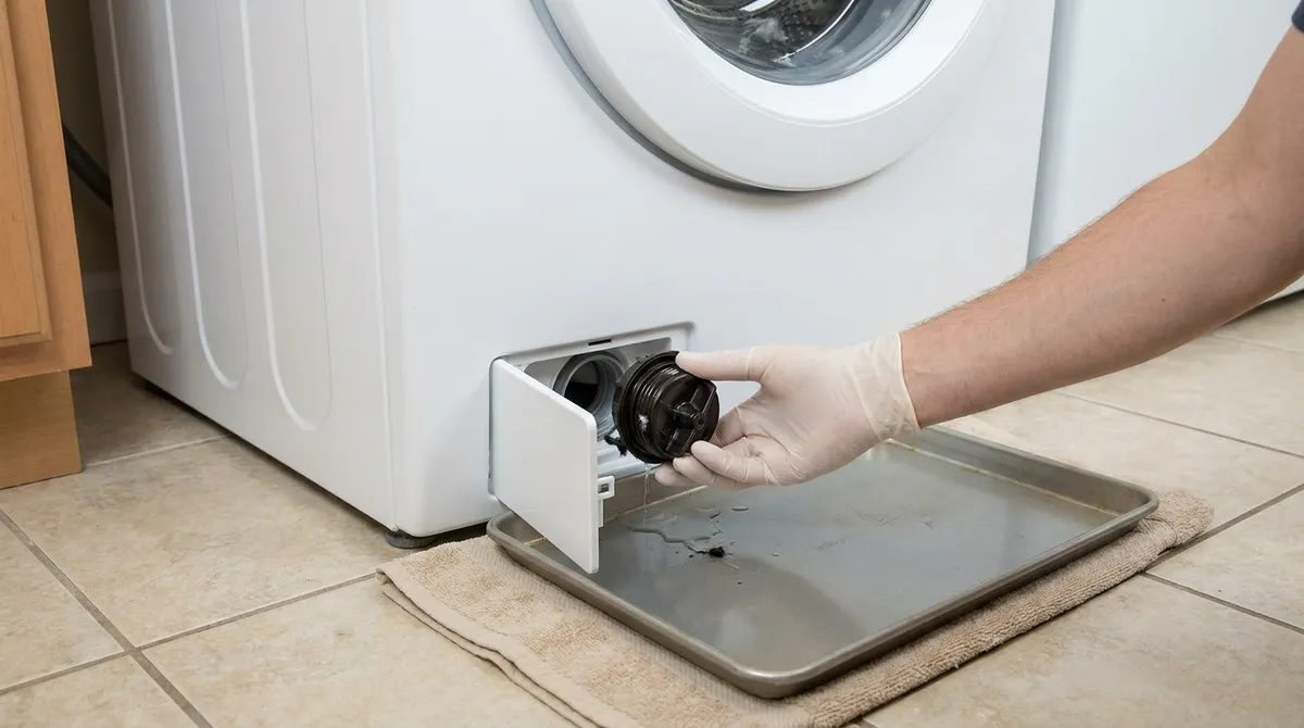 Nettoyer le filtre de vidange de la machine à laver : trappe ouverte, filtre dévissé, un plat dessous pour recueillir l'eau