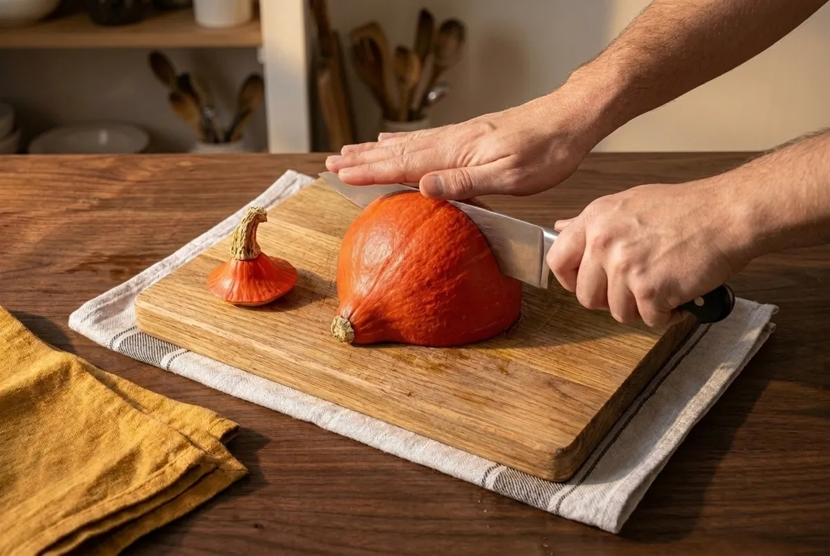 Potimarron entier couché sur une planche posée sur un torchon, la lame plantée dedans, une main à plat sur le dos du couteau