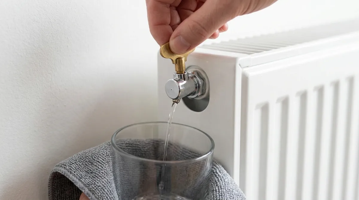 Purger un radiateur : la clé de purge tournée d'un quart de tour, l'eau coule du purgeur dans un verre