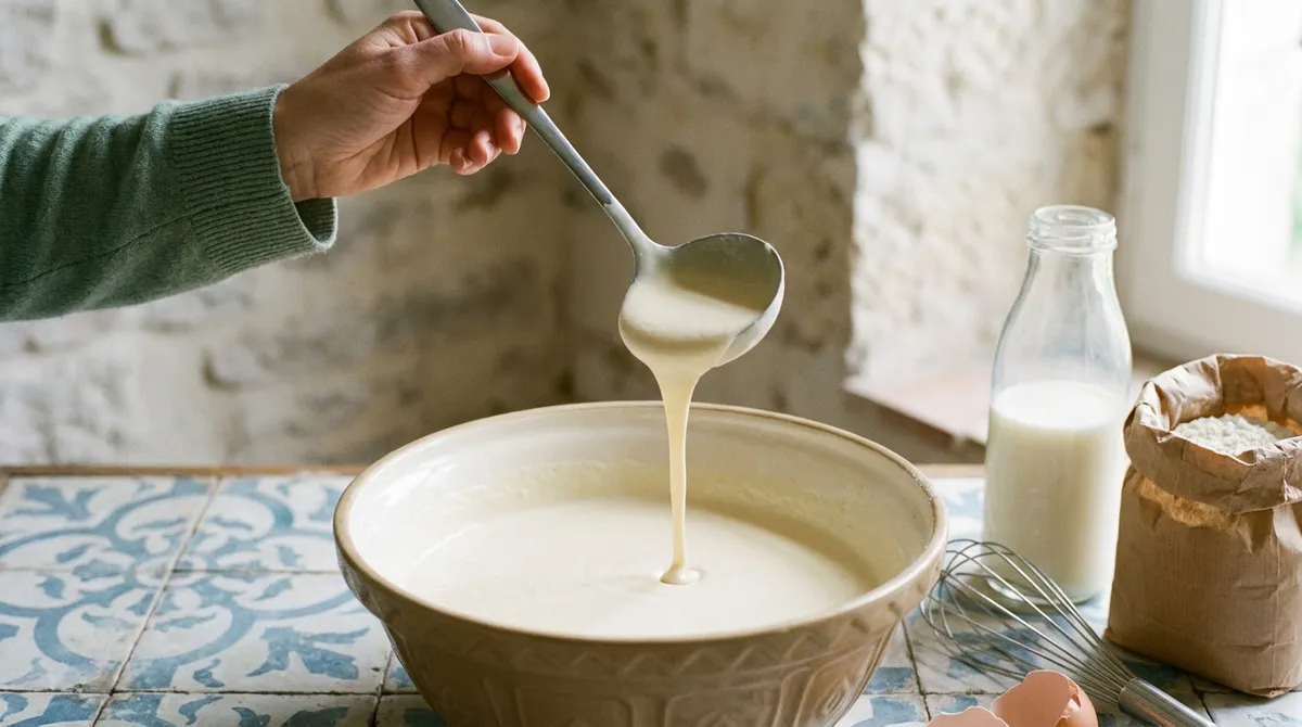 Pâte à crêpes à la bonne consistance : lisse et sans grumeaux, elle retombe de la louche en ruban fluide dans le saladier