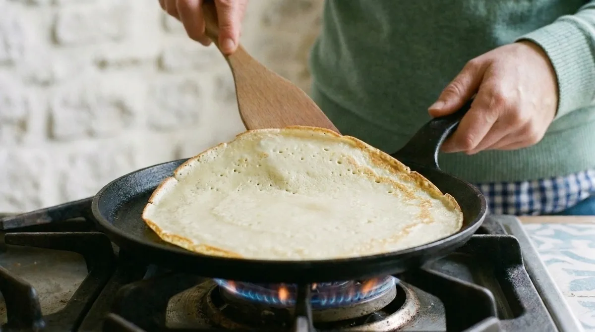 Le bon moment pour retourner la crêpe : le dessus est mat, les bords dorés se soulèvent, la spatule glisse dessous