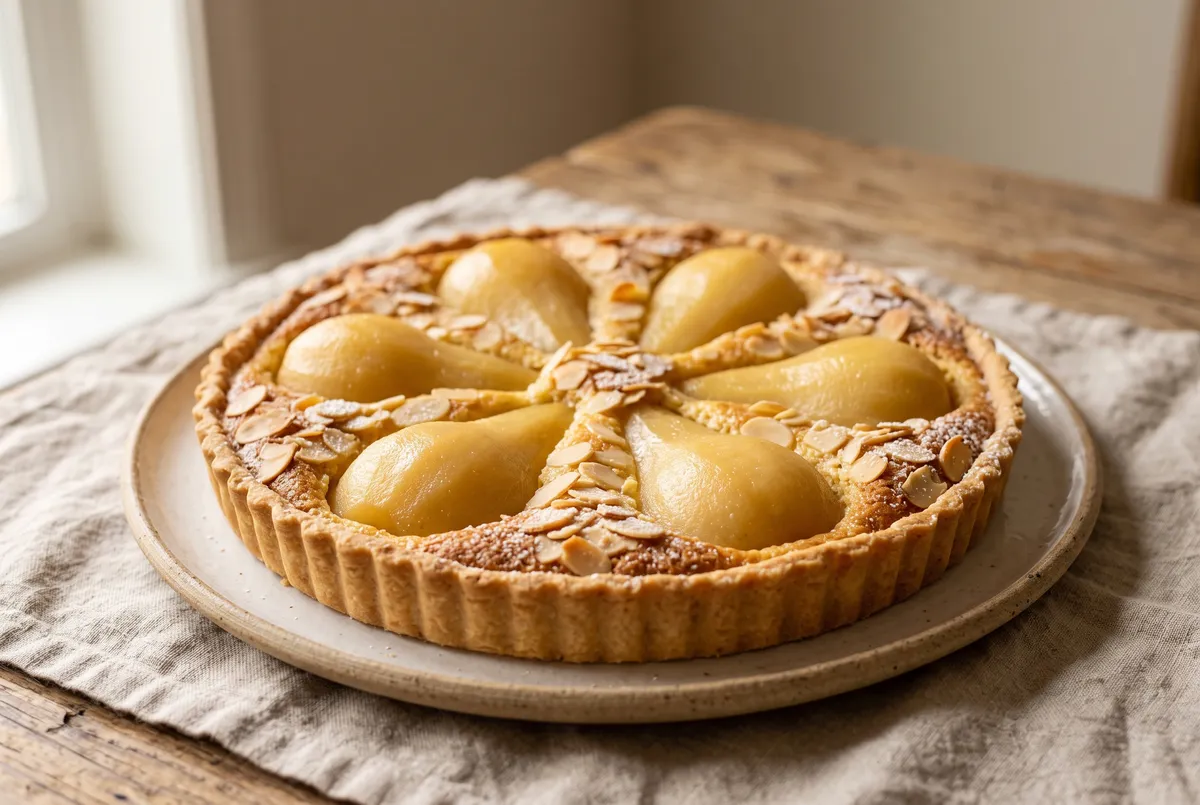 Tarte Bourdaloue : poires pochées et crème d'amandes