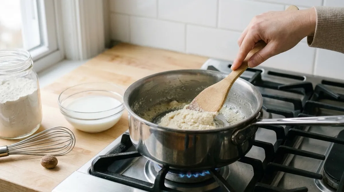 Roux blanc pour la béchamel : beurre fondu et farine mélangés à la spatule en bois au fond d'une casserole, pâte ivoire sans coloration