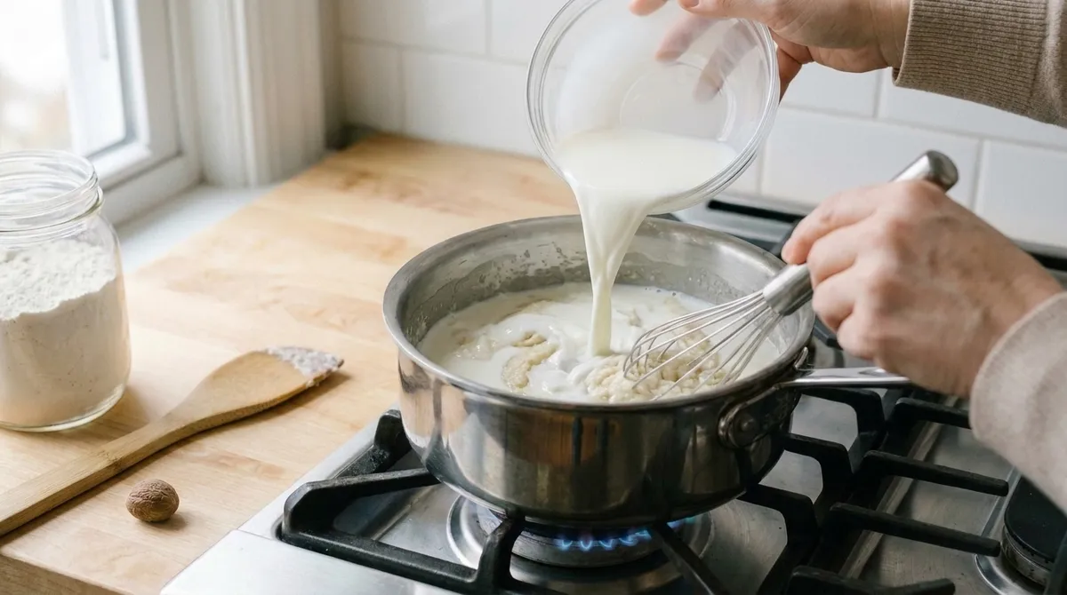 Lait froid versé d'un seul coup sur le roux chaud dans la casserole, le fouet déjà en main pour éviter les grumeaux