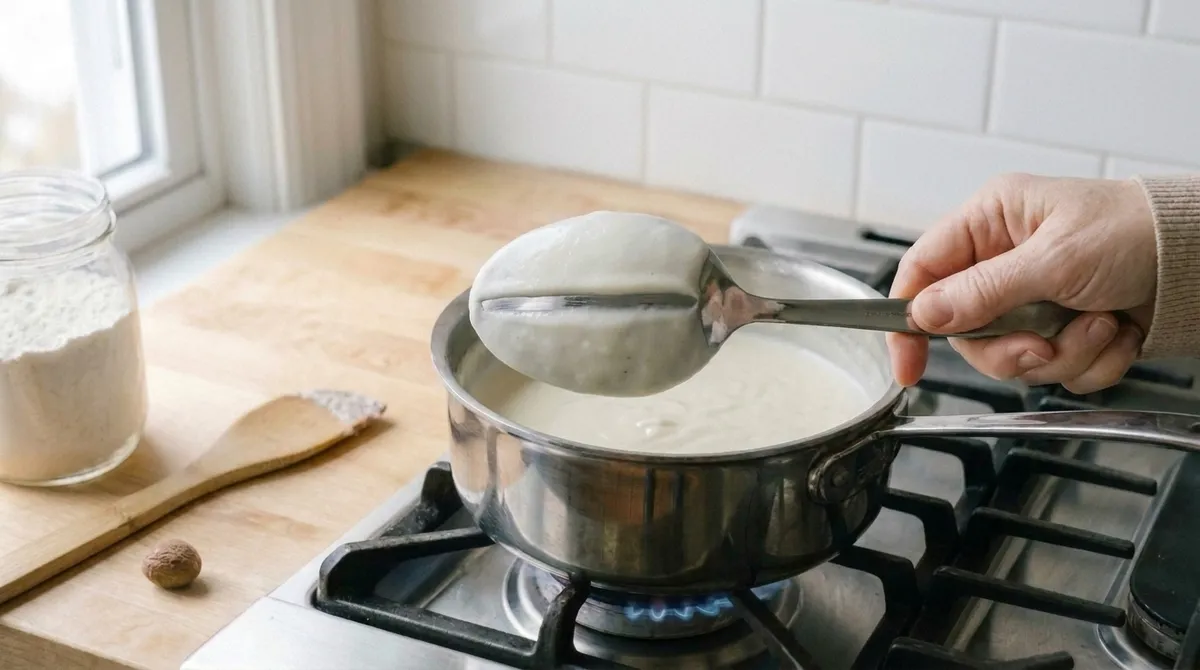 Repère de cuisson de la béchamel : le dos d'une cuillère nappé de sauce, un sillon tracé au doigt qui reste net