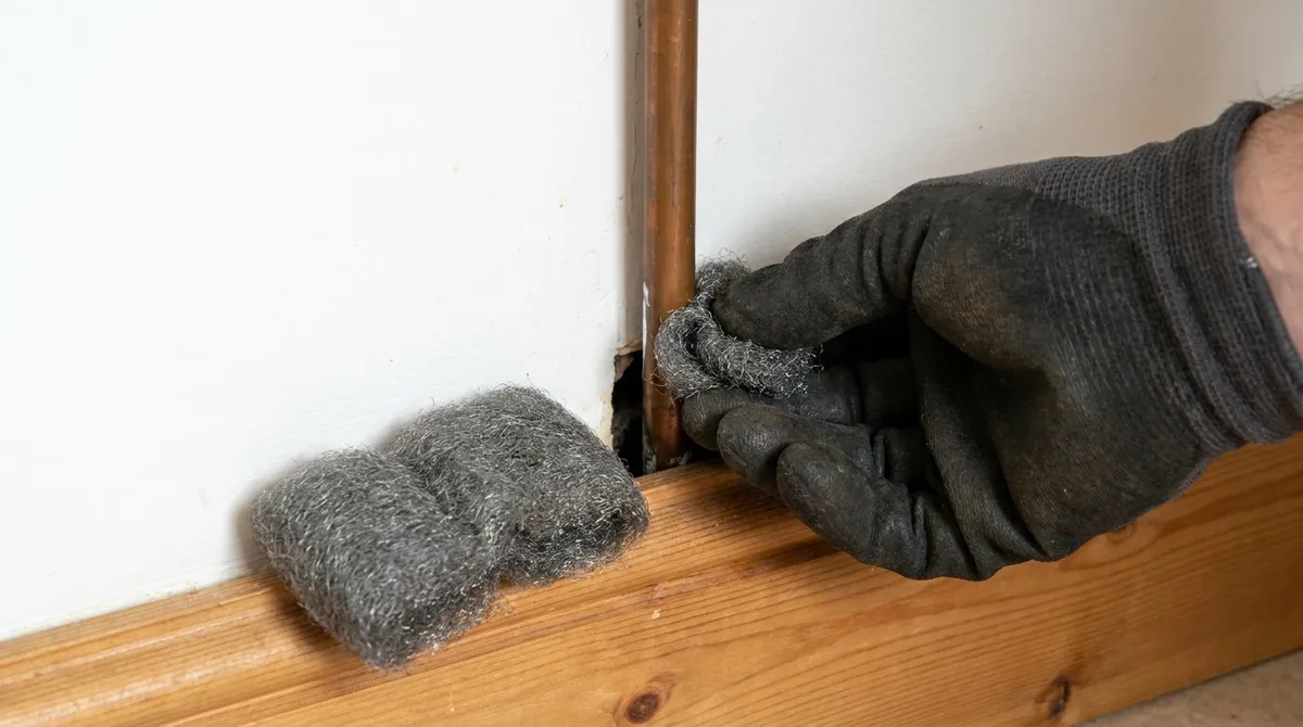Boucher à la laine d'acier le trou autour d'un tuyau, au ras de la plinthe, pour empêcher les souris d'entrer