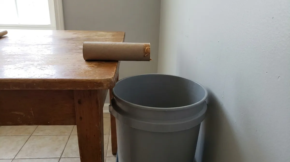 Piège à souris maison : un rouleau de papier toilette posé au bord de la table, au-dessus d'un seau vide, avec l'appât au bout