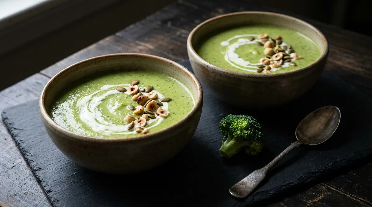 Velouté de brocoli aux noisettes, soupe verte et onctueuse