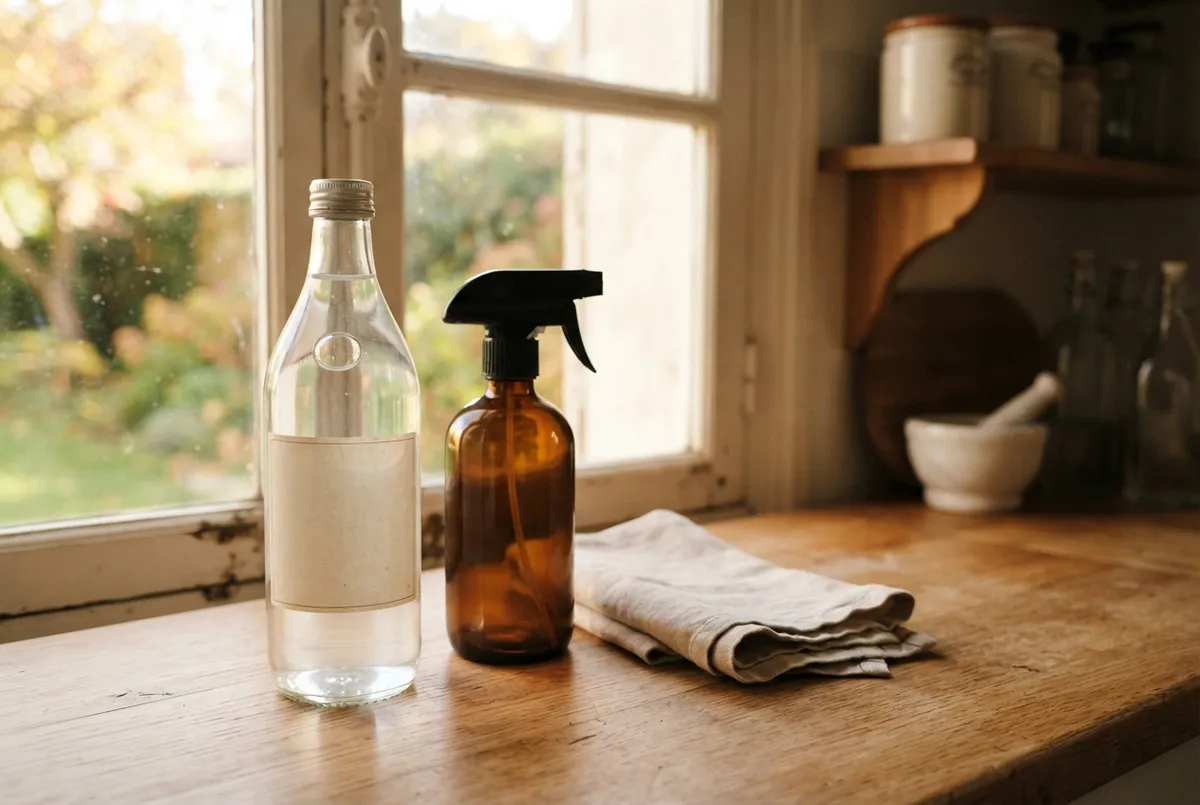 Bouteille de vinaigre blanc et vaporisateur posés près d'une fenêtre, avec un linge plié.